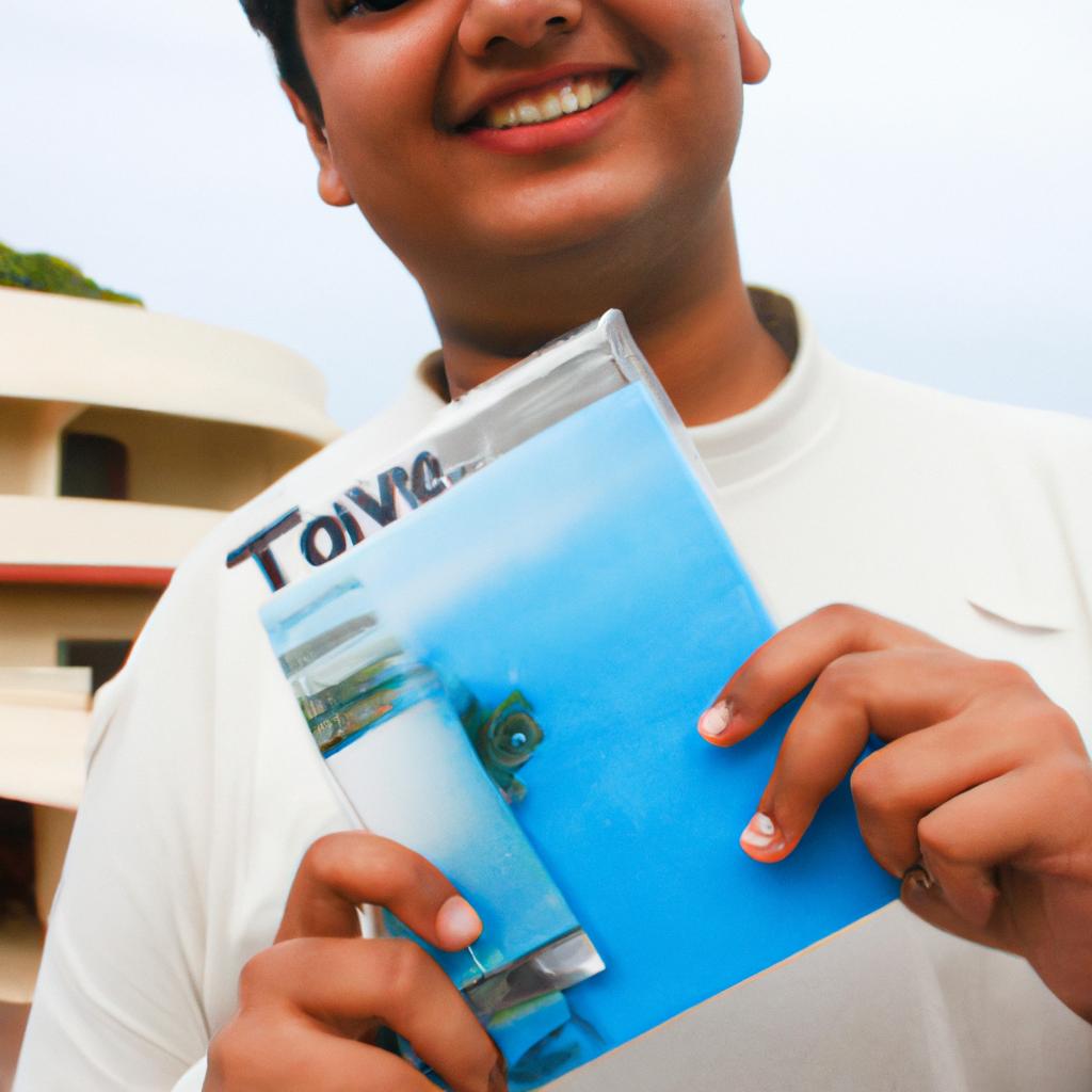 Person holding travel brochure, smiling