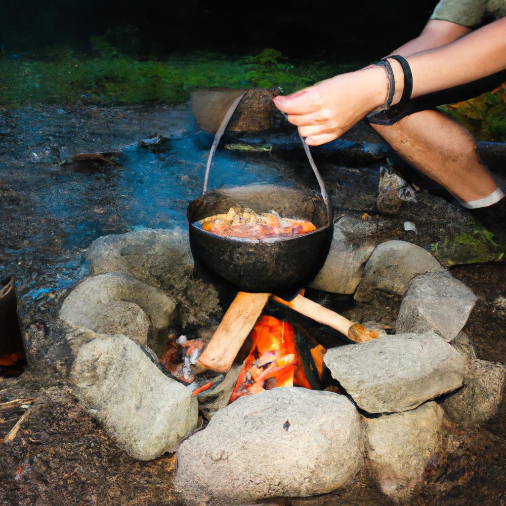 Person cooking over campfire