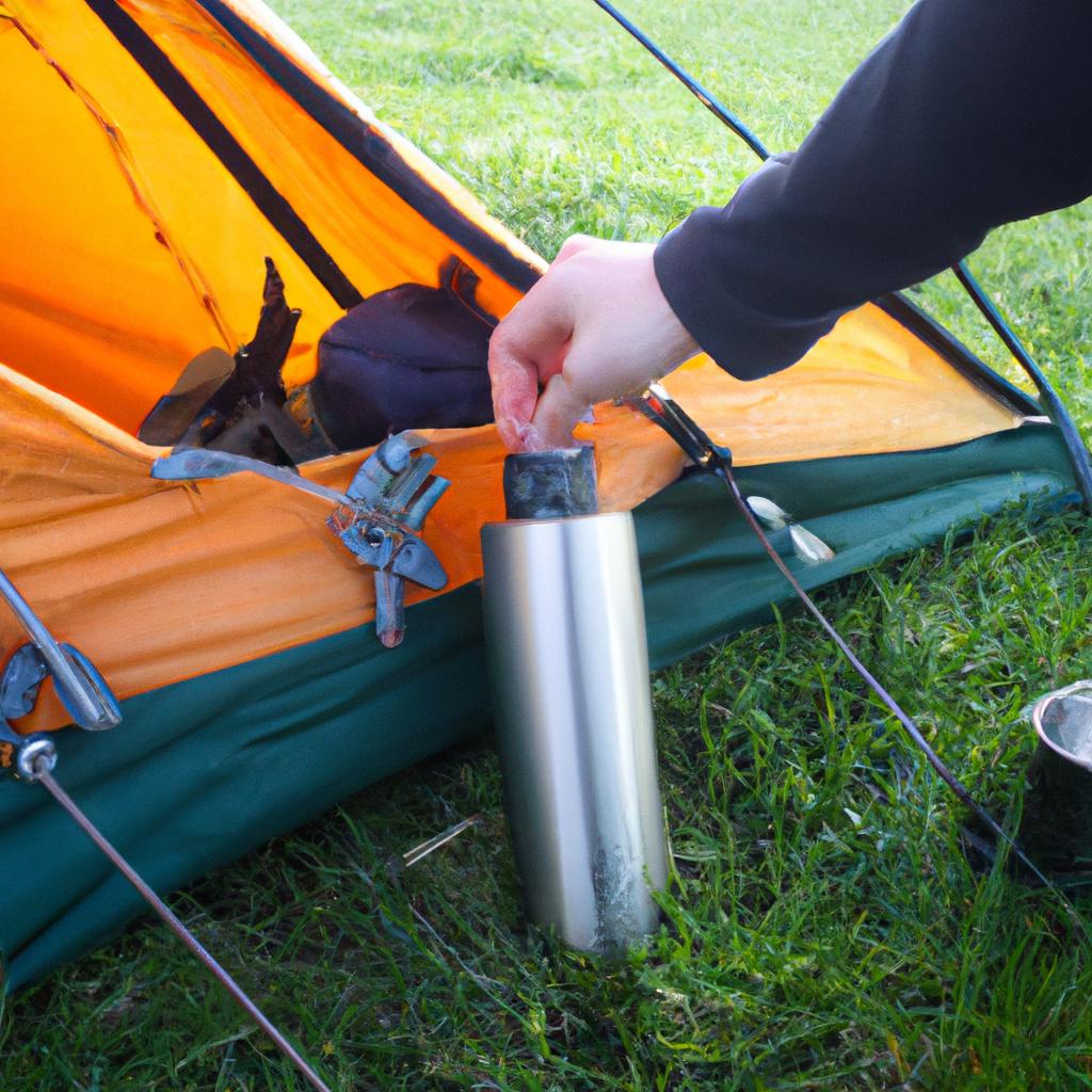 Person using camping equipment outdoors