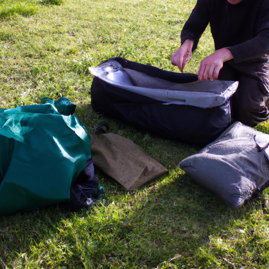 Person packing camping gear outdoors
