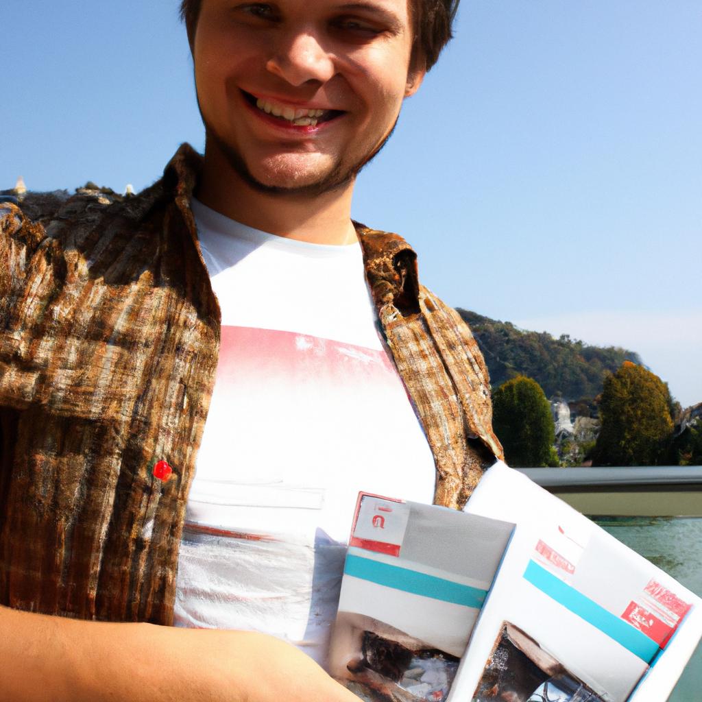 Person holding travel brochures, smiling