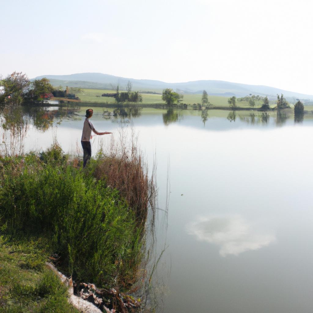 Person fishing by a lake
